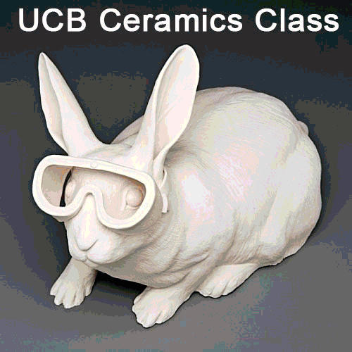 an animated GIF with a white ceramic rabbit that needs to be glazed with the caption UCB Ceramics class, and Bliinds art students holding up their ceramic art projects