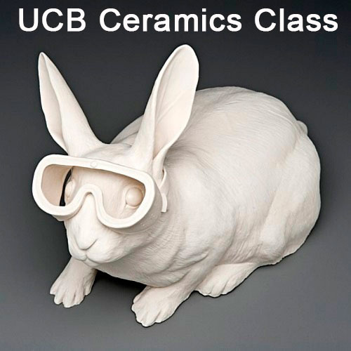 a white ceramic rabbit that needs to be glazed with the caption UCB Ceramics class