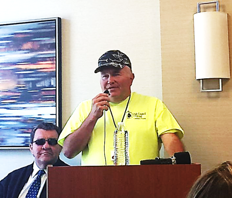 Jd Seely a ucb member, telling his testimony at a ucb State Training Conference how he is working with businesses such as Texas Road House, Wendy's and Lowe's to get funding to help reach out to other blind individuals who need help with home projects, meals and transportation